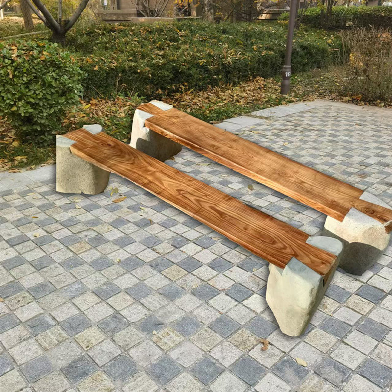 Long bench combining stone and wood