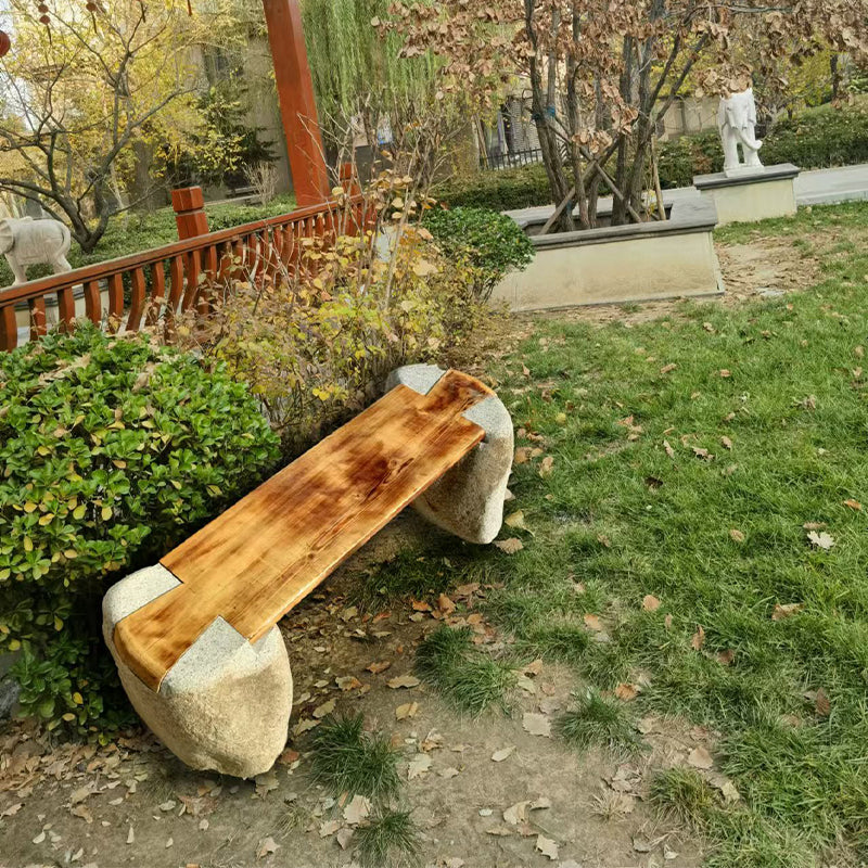 Long bench combining stone and wood